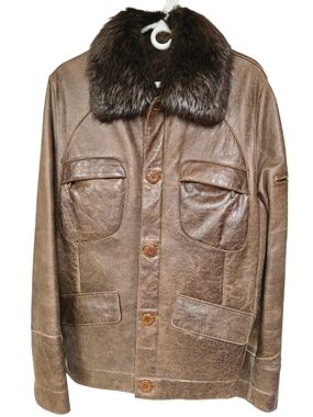 Men's Brown Leather Shearling Coat with Real Fur Collar